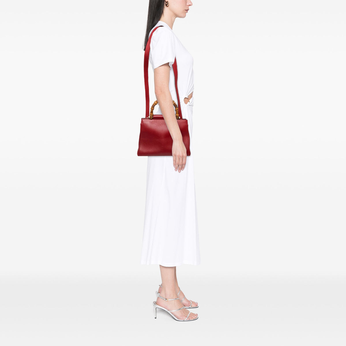 Gucci Small Calfskin Bamboo Nymphaea Satchel — Red