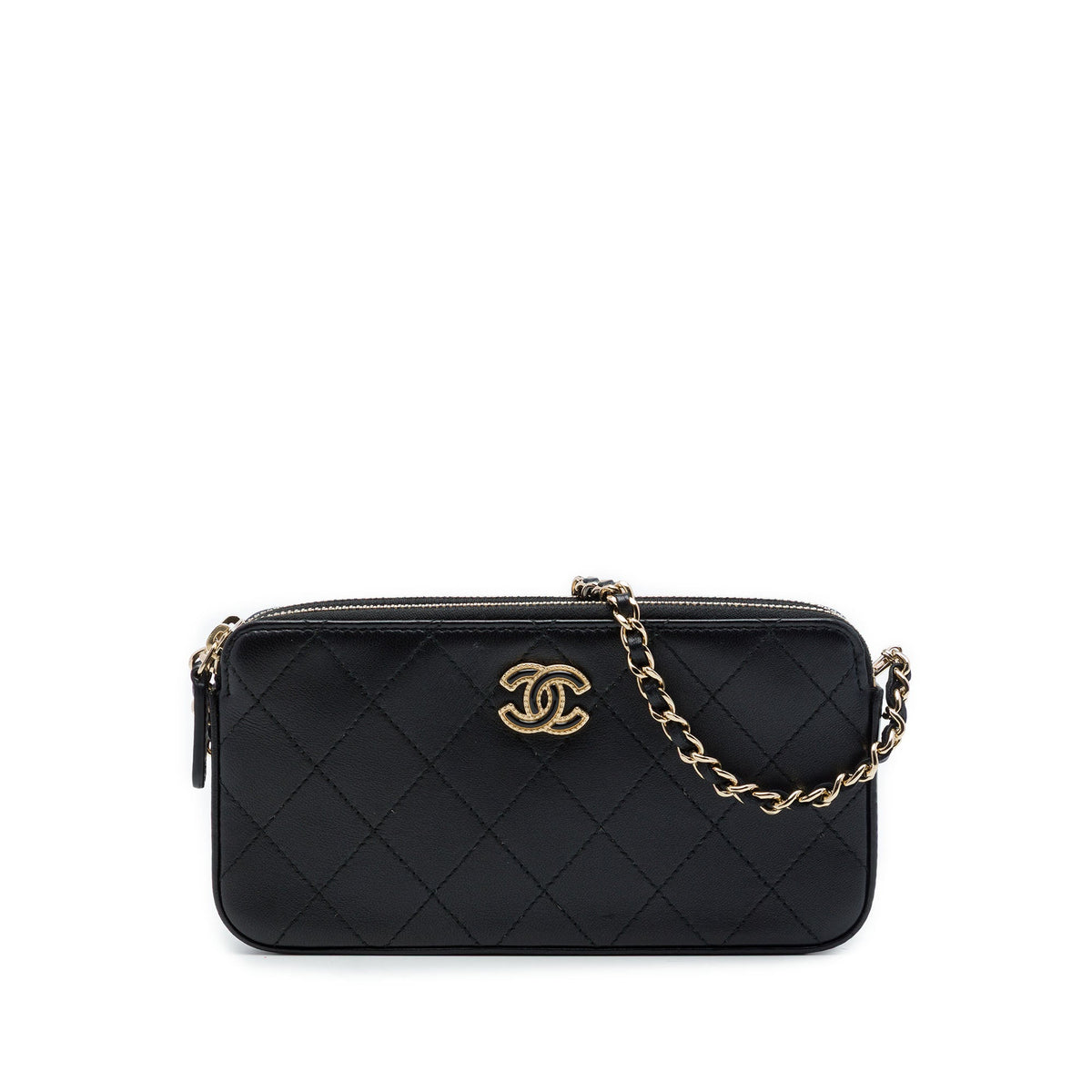 Chanel CC Quilted Calfskin Double Zip Clutch With Chain