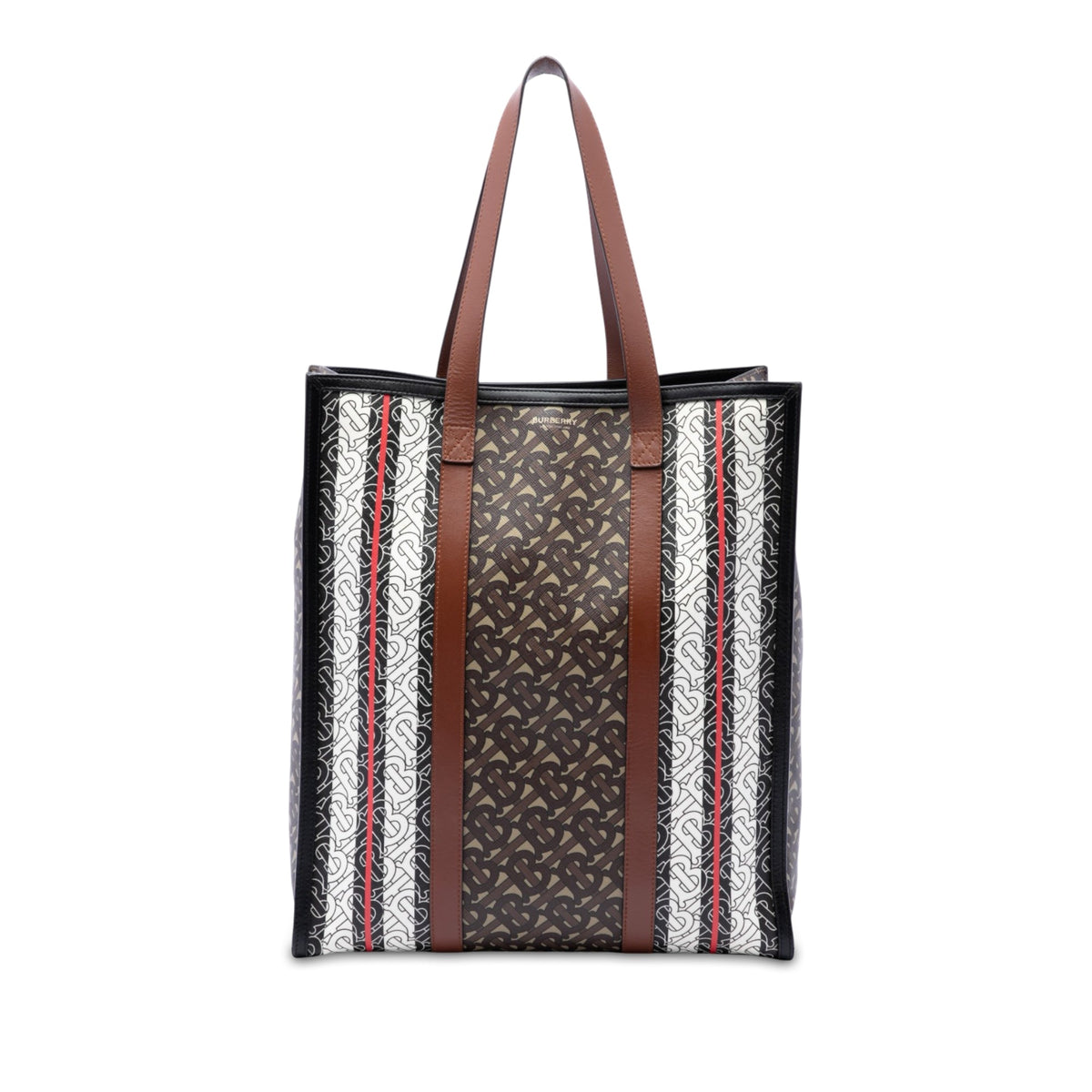 Burberry TB Monogram E-Canvas Stripe Vertical Tote — Brown