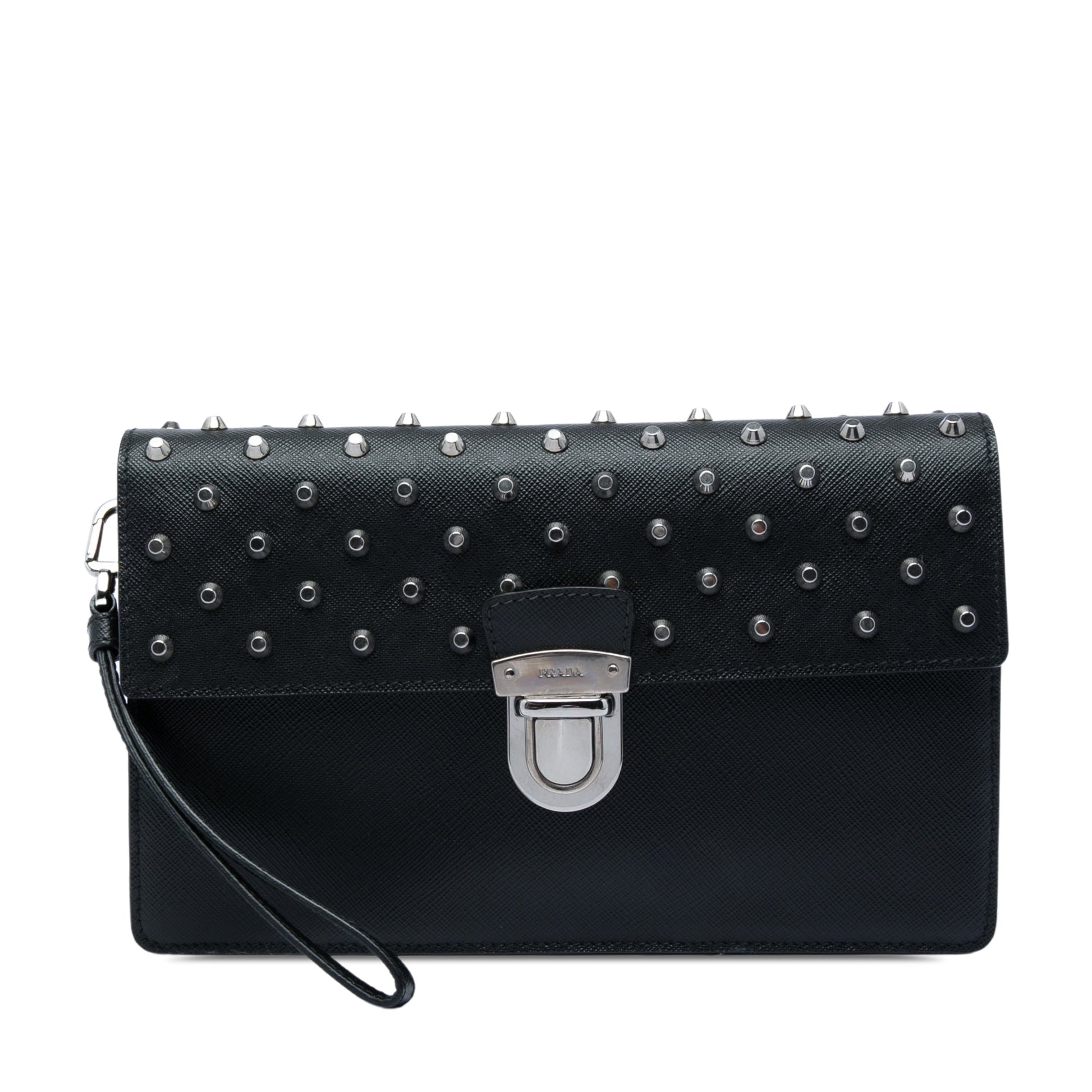 Prada Studded Saffiano Push Lock Wristlet Clutch