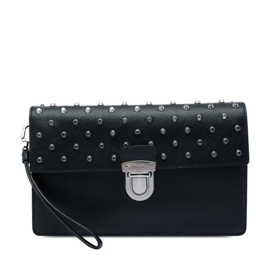 Prada Studded Saffiano Push Lock Wristlet Clutch
