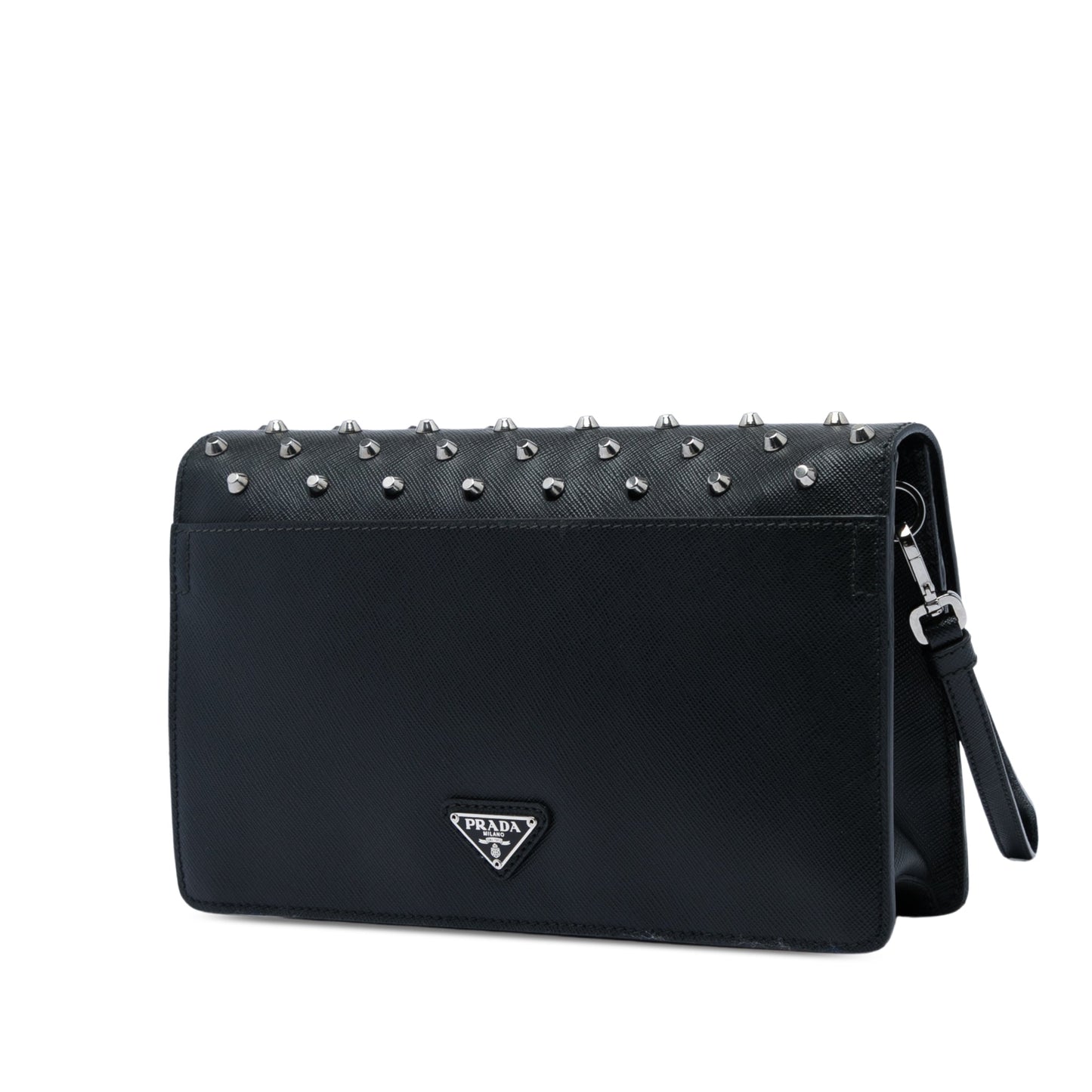 Prada Studded Saffiano Push Lock Wristlet Clutch