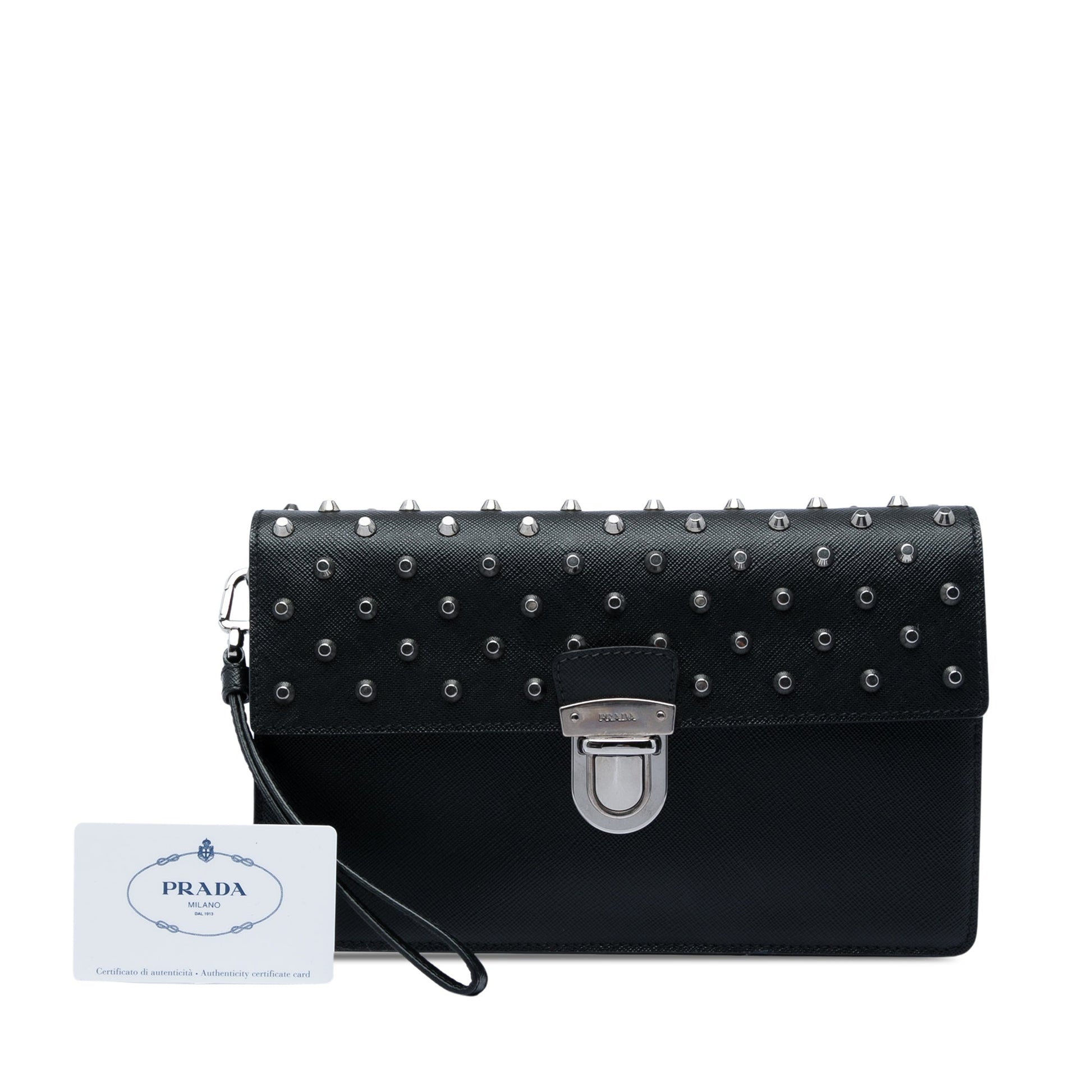 Prada Studded Saffiano Push Lock Wristlet Clutch