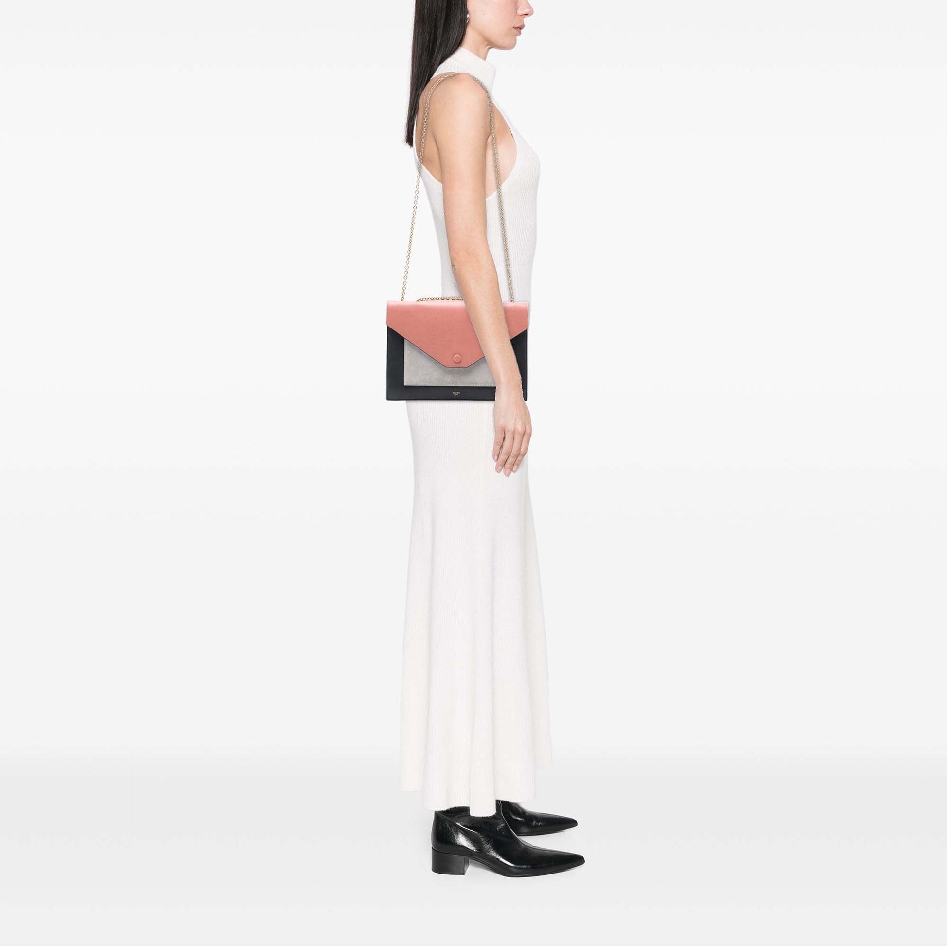 Celine Tricolor Leather and Suede Pocket Envelope Wallet on Chain
