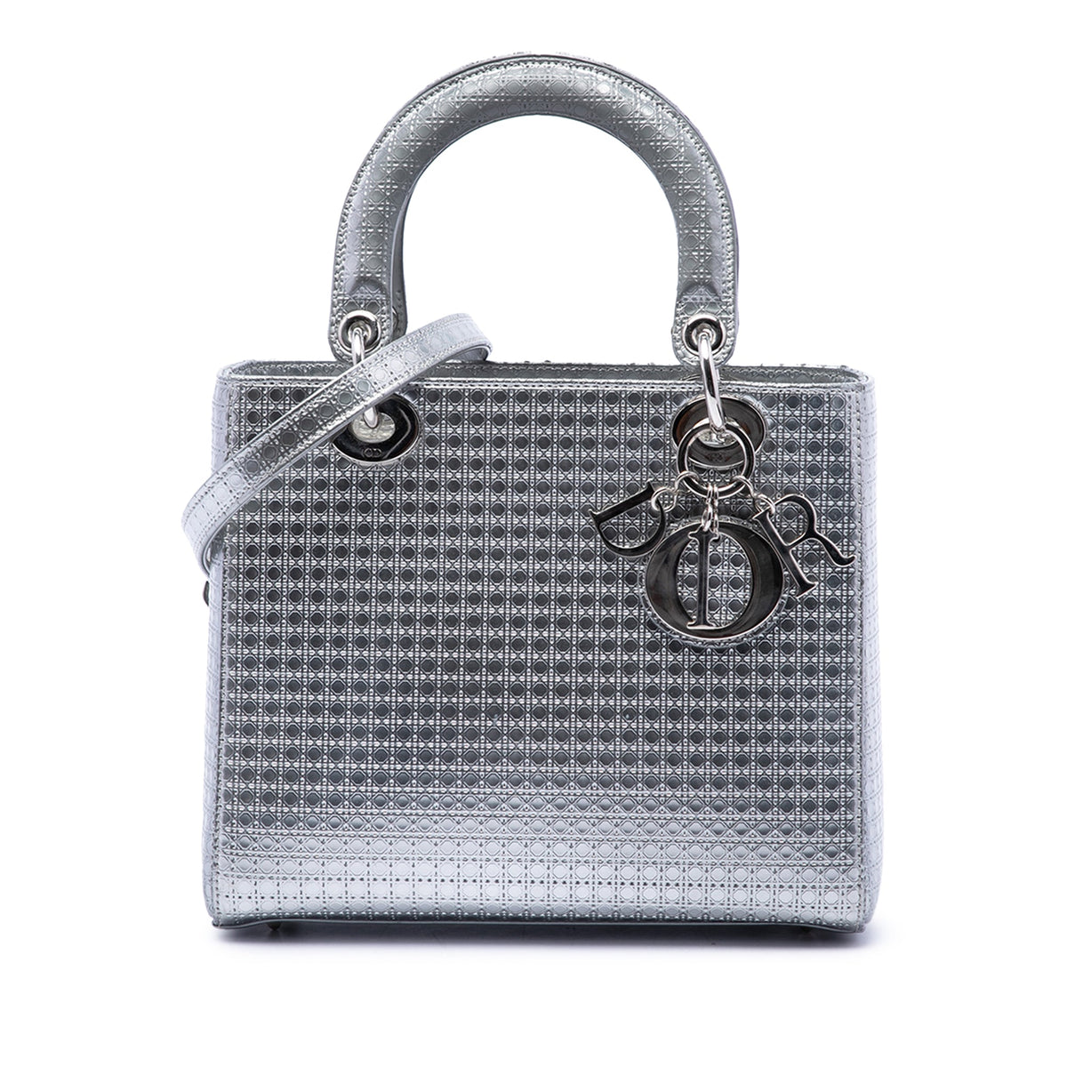 Dior Medium Metallic Patent Microcannage Lady Dior — Silver