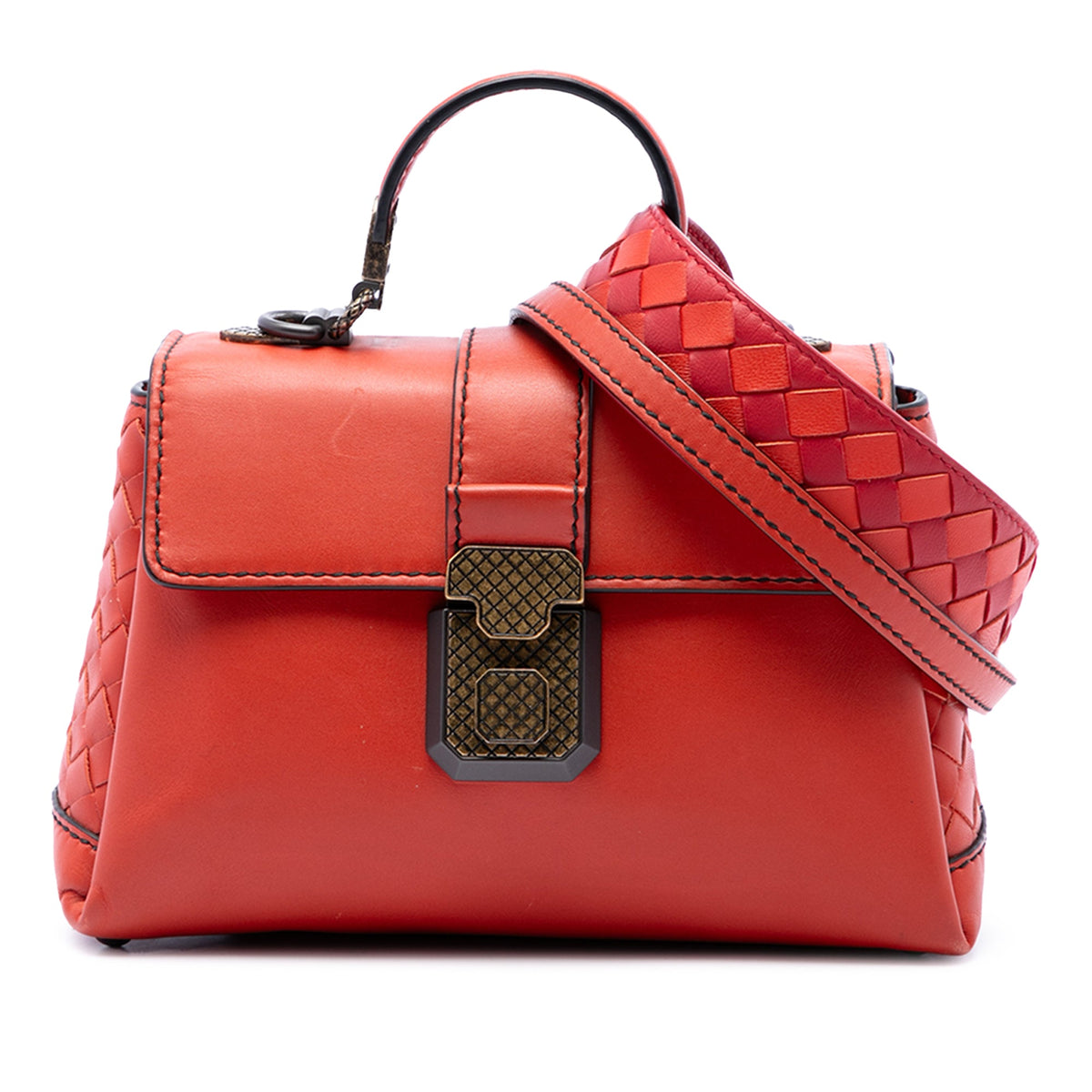 Bottega Veneta Mini Intrecciato Trimmed Nappa Piazza Top Handle Satchel — Red