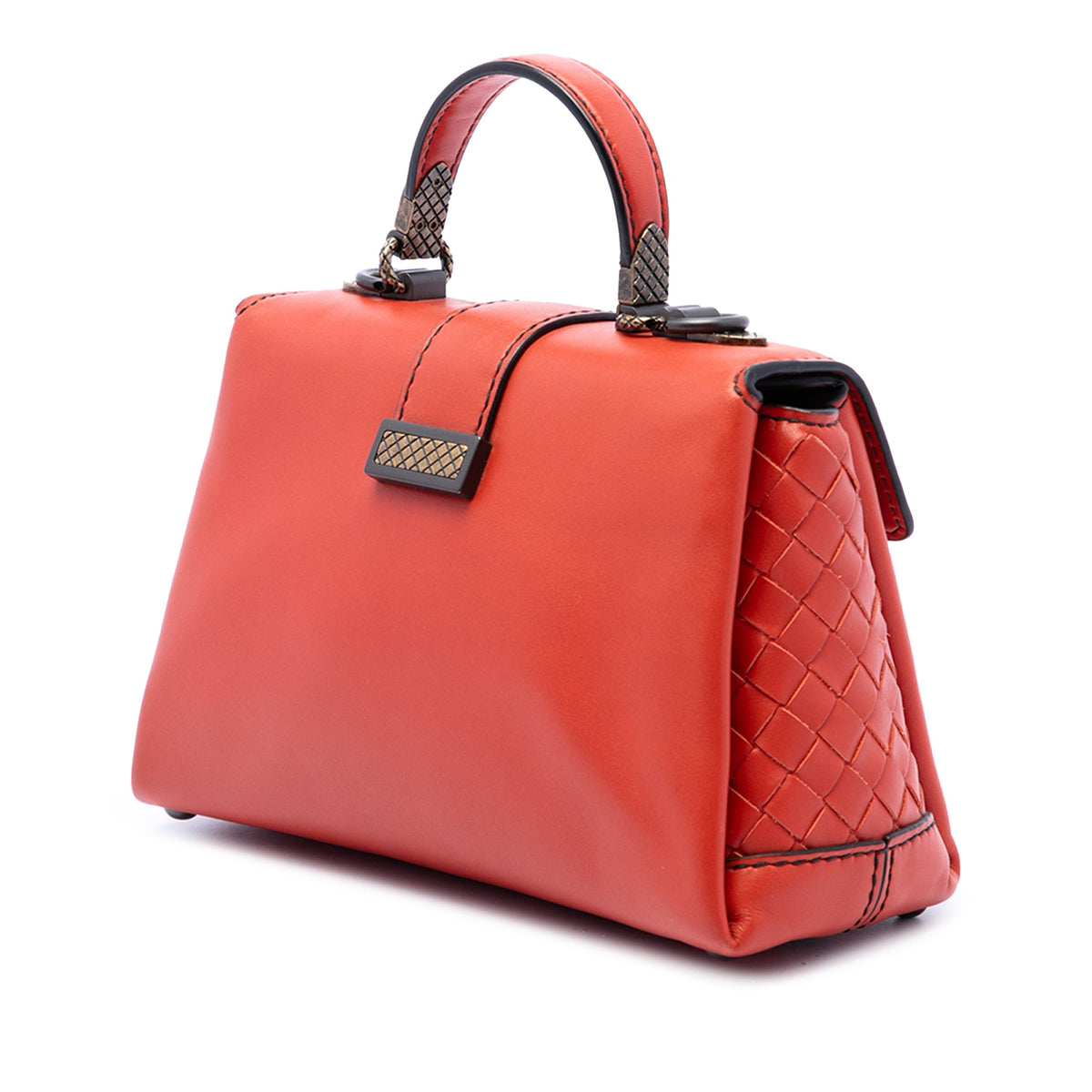 Bottega Veneta Mini Intrecciato Trimmed Nappa Piazza Top Handle Satchel — Red
