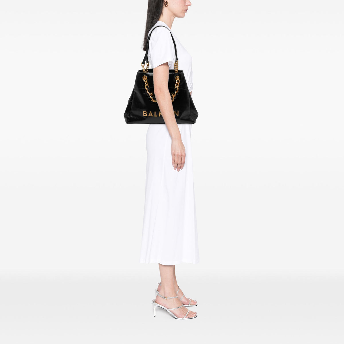 Balmain Embossed Crackled Calfskin 1945 Soft Tote — Black