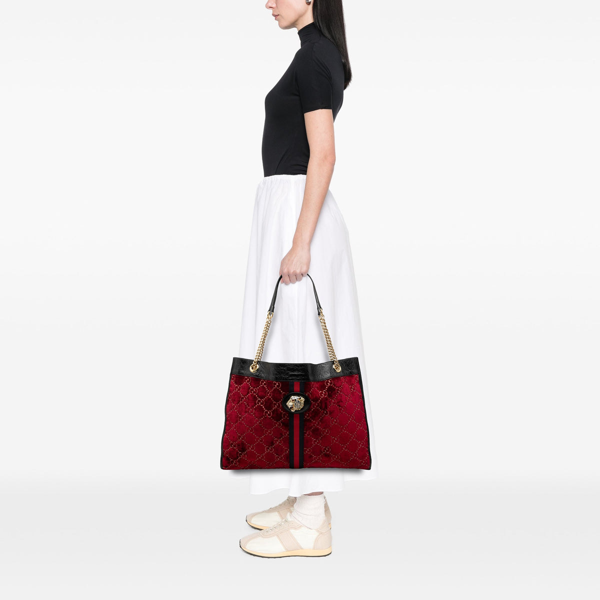 Gucci Large GG Velvet Web Rajah Tote — Red