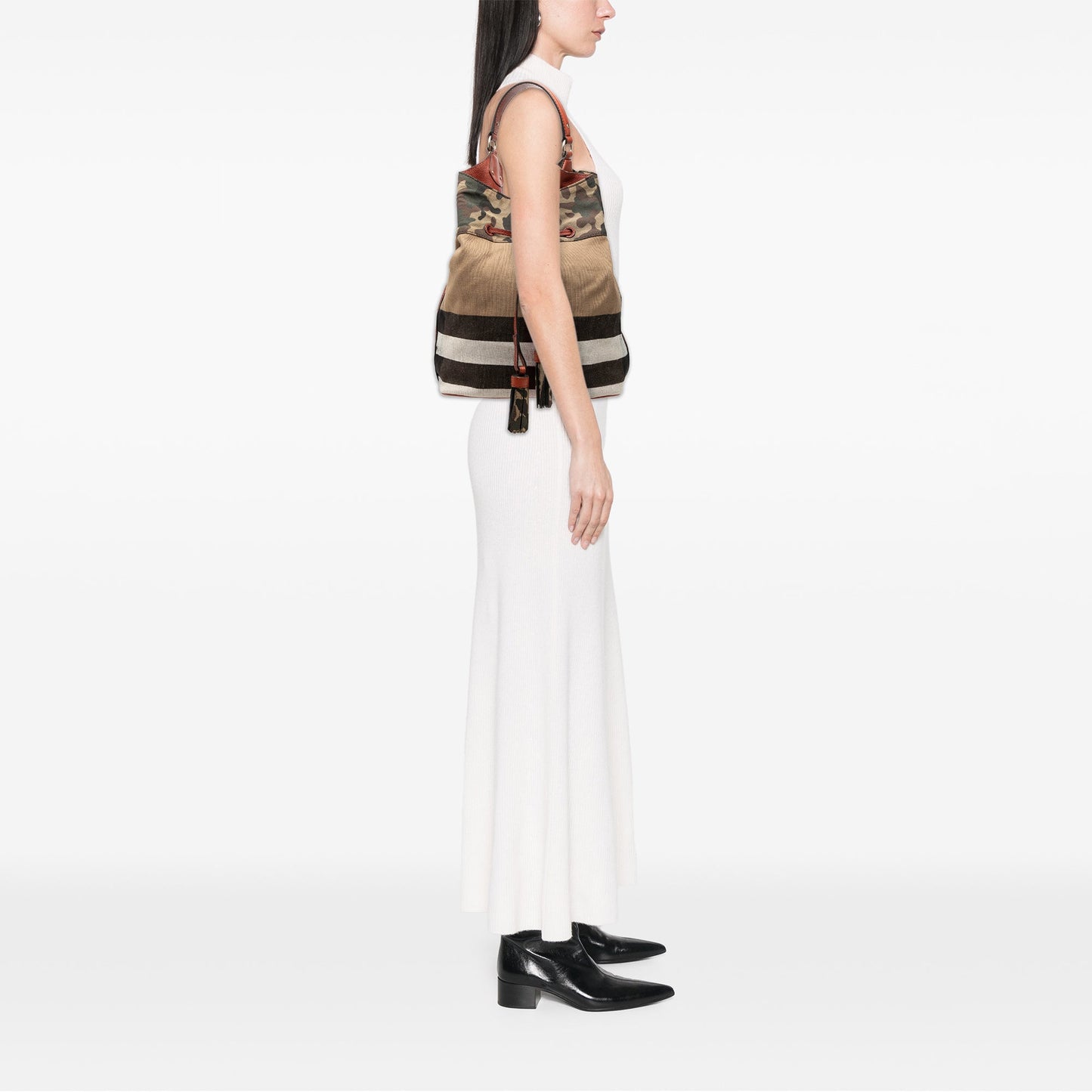 Burberry Mega Check Canvas Camouflage Susanna Tassel Bucket Bag