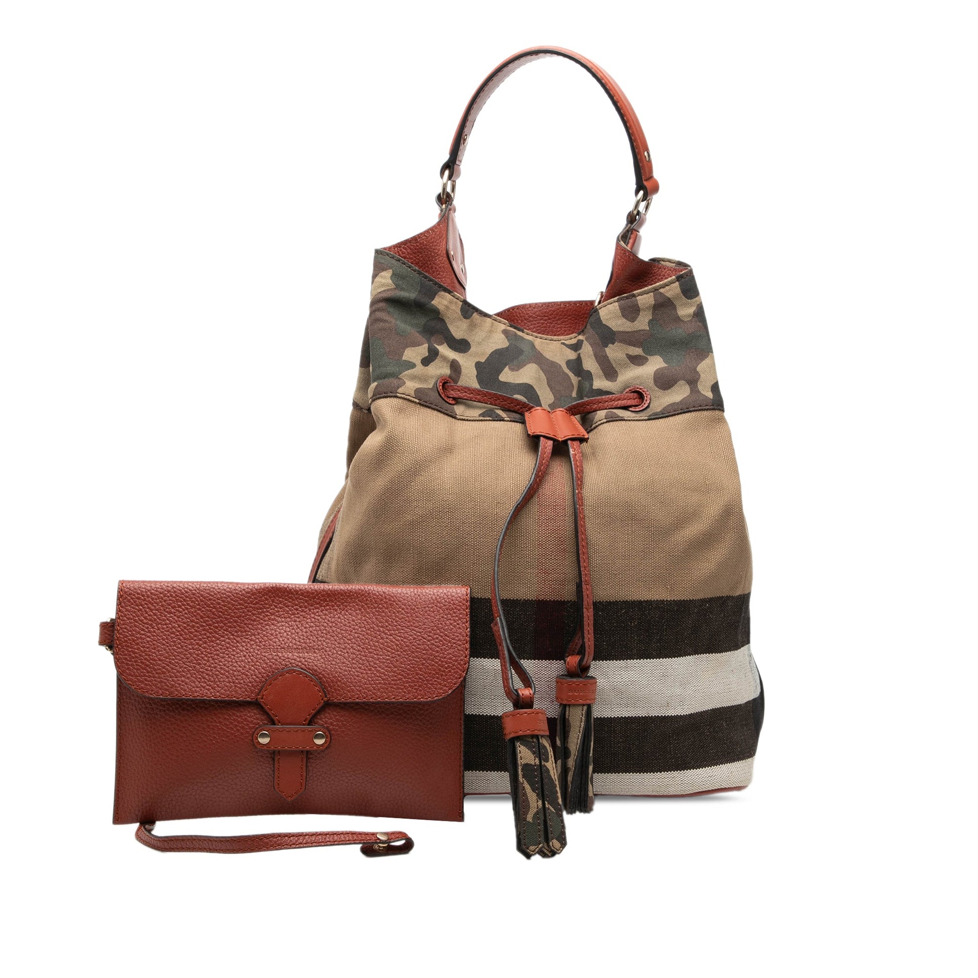 Burberry Mega Check Canvas Camouflage Susanna Tassel Bucket Bag