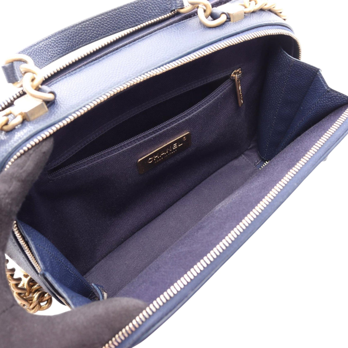 Chanel CC Quilted Caviar Top Handle Bag — Blue