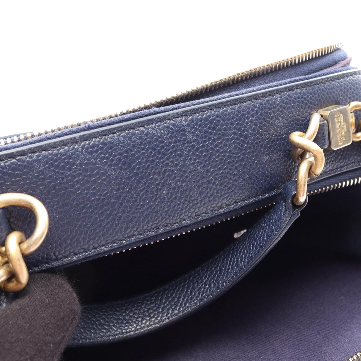 Chanel CC Quilted Caviar Top Handle Bag — Blue