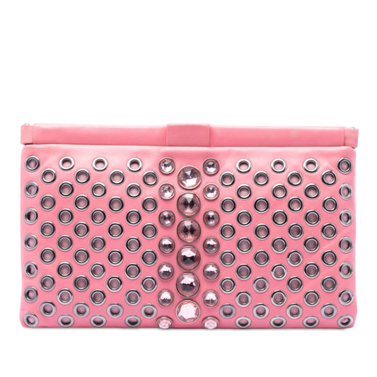 Miu Miu Nappa Grommet Crystal Embellished Clutch