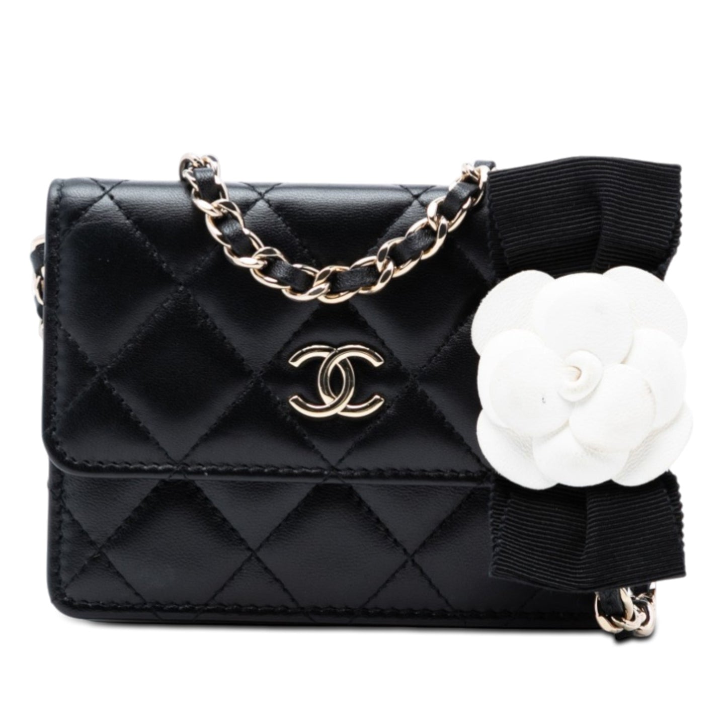 Quilted Lambskin Camellia Bow Card Holder On Chain