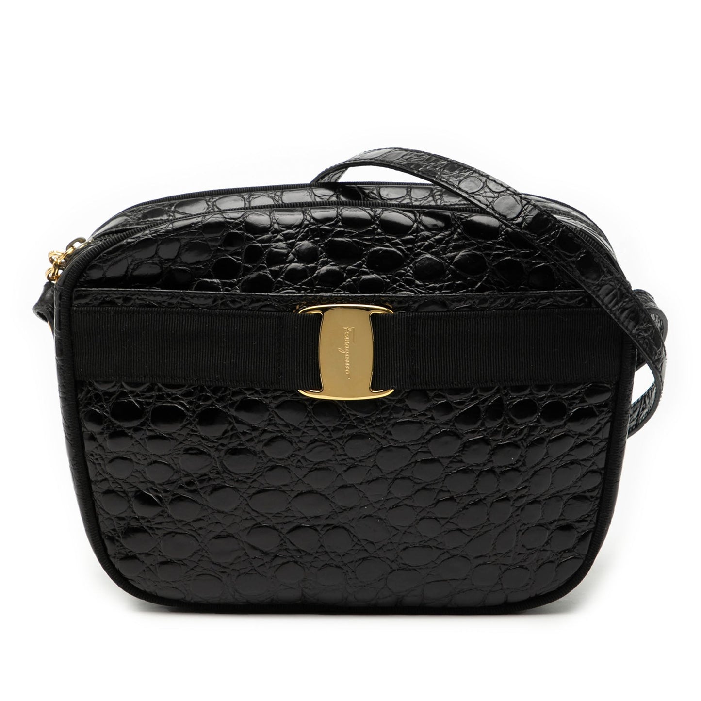 Ferragamo Croc Embossed Calfskin Vara Crossbody
