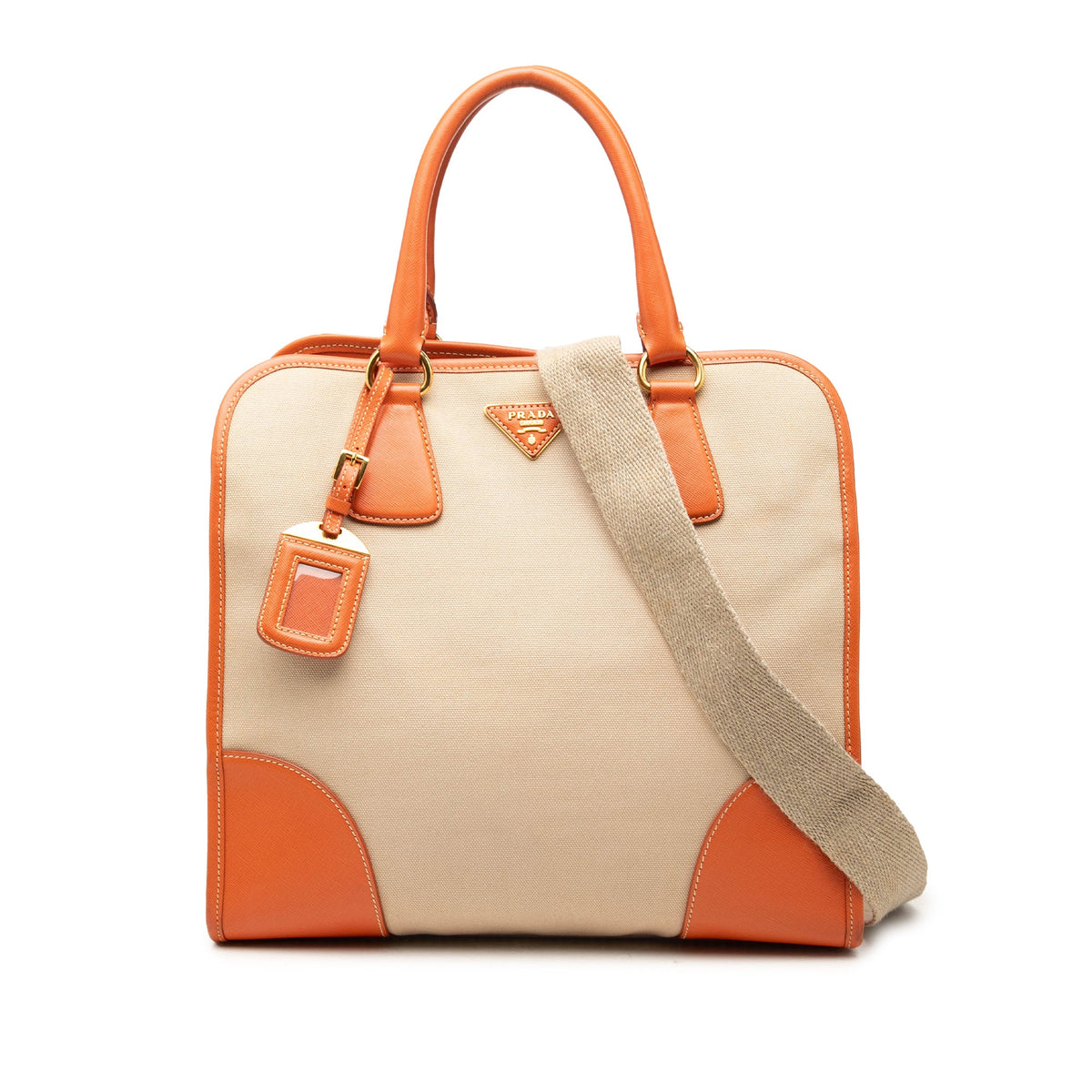 Prada Saffiano Trimmed Canvas Canapa Logo Satchel — Beige