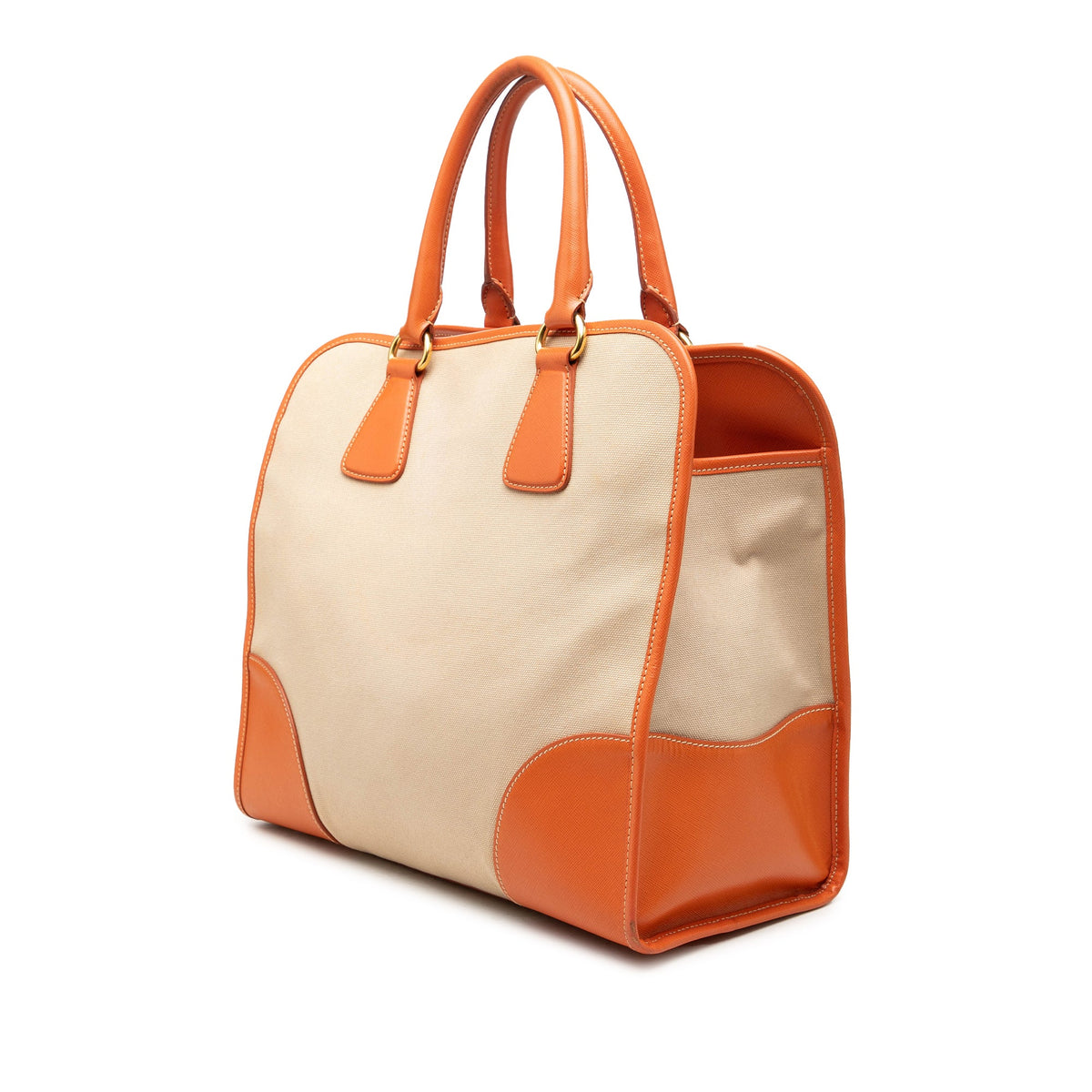 Prada Saffiano Trimmed Canvas Canapa Logo Satchel — Beige