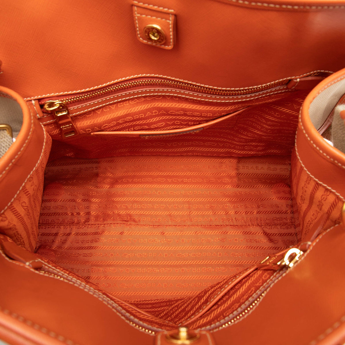 Prada Saffiano Trimmed Canvas Canapa Logo Satchel — Beige