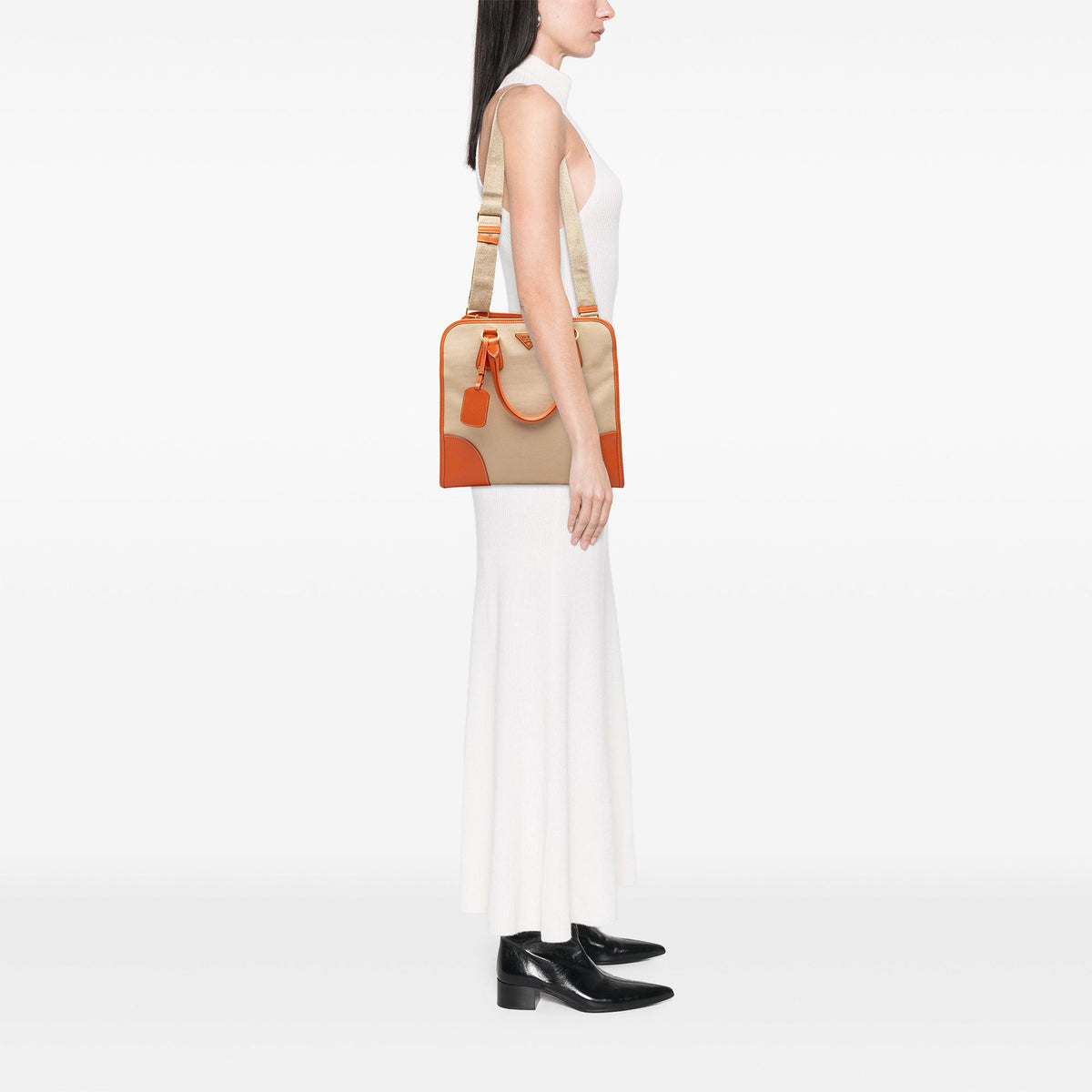 Prada Saffiano Trimmed Canvas Canapa Logo Satchel — Beige