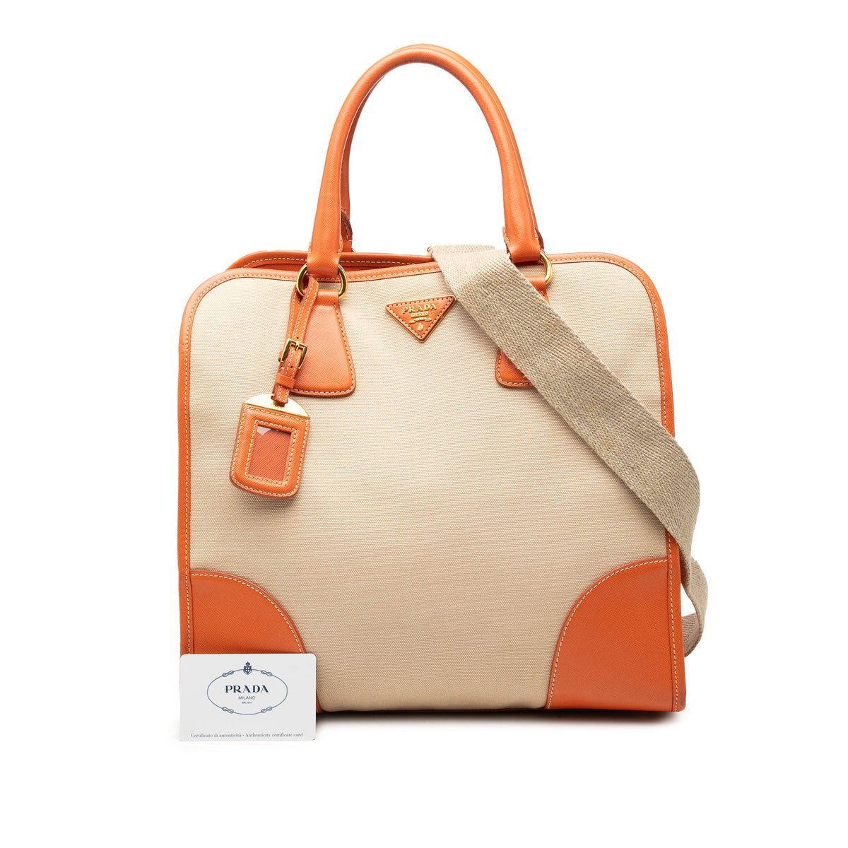 Prada Saffiano Trimmed Canvas Canapa Logo Satchel — Beige