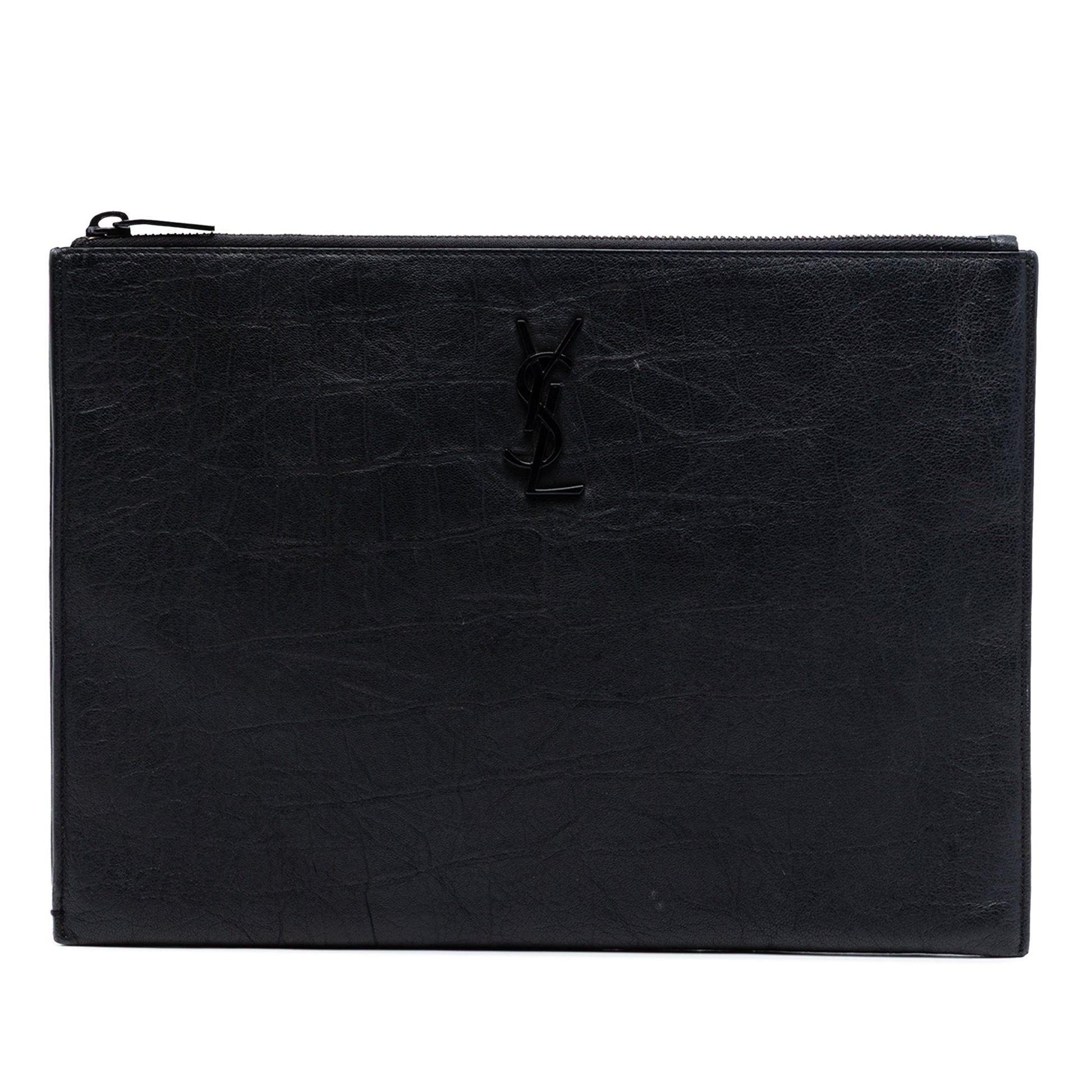 Saint Laurent Croc Embossed Leather Monogram Clutch