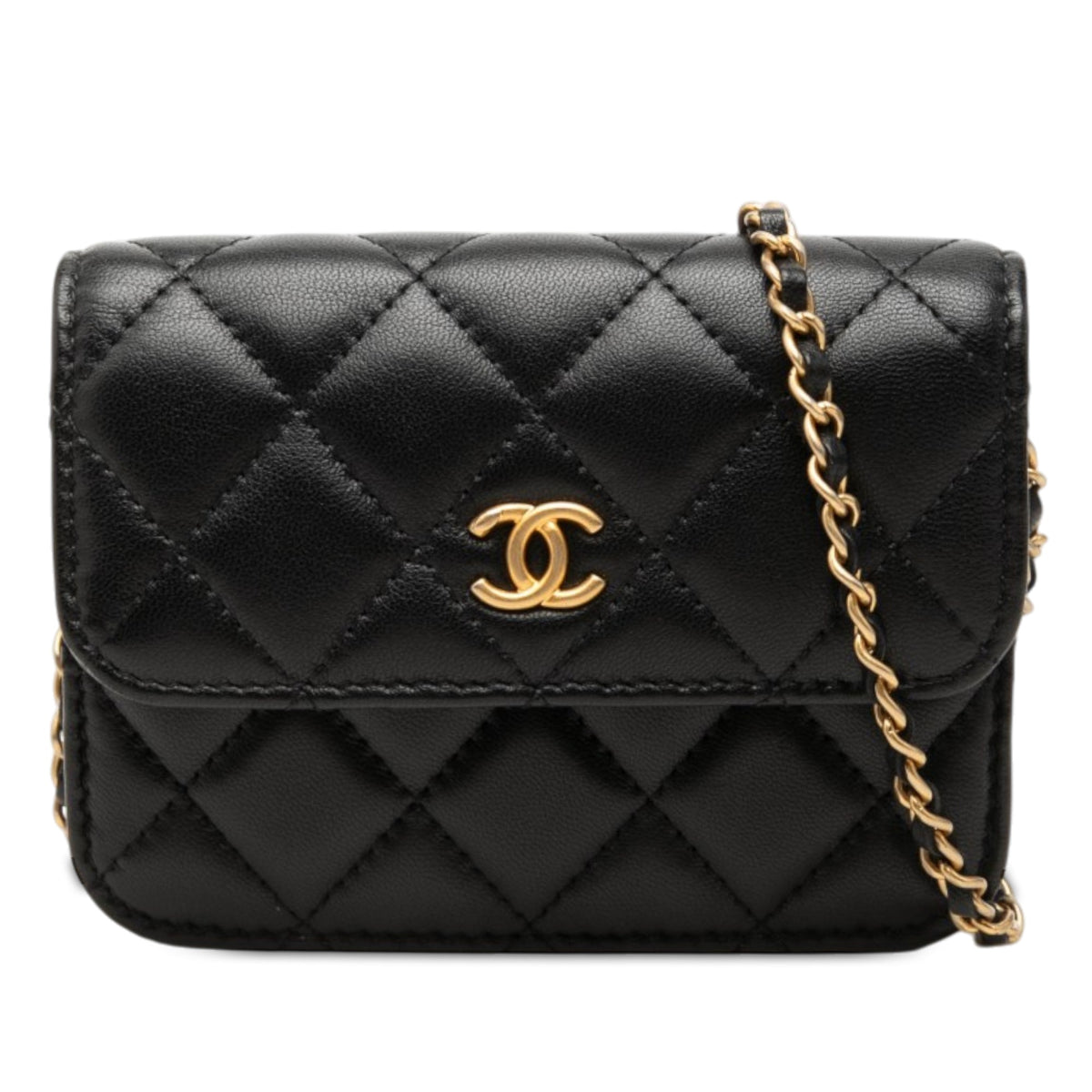 Chanel Mini CC Quilted Lambskin Pearl Crush Pouch with Chain — Black
