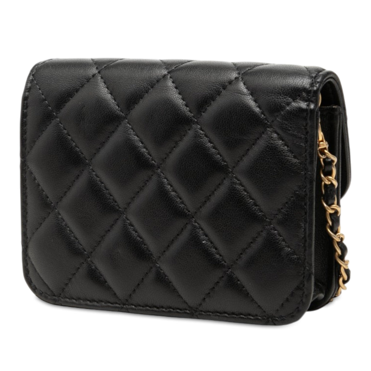 Chanel Mini CC Quilted Lambskin Pearl Crush Pouch with Chain — Black