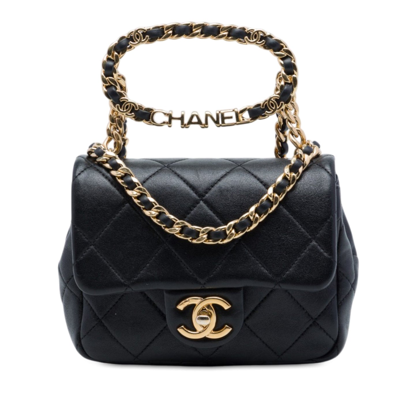Chanel Mini Quilted Lambskin Oval Logo Chain Top Handle Flap