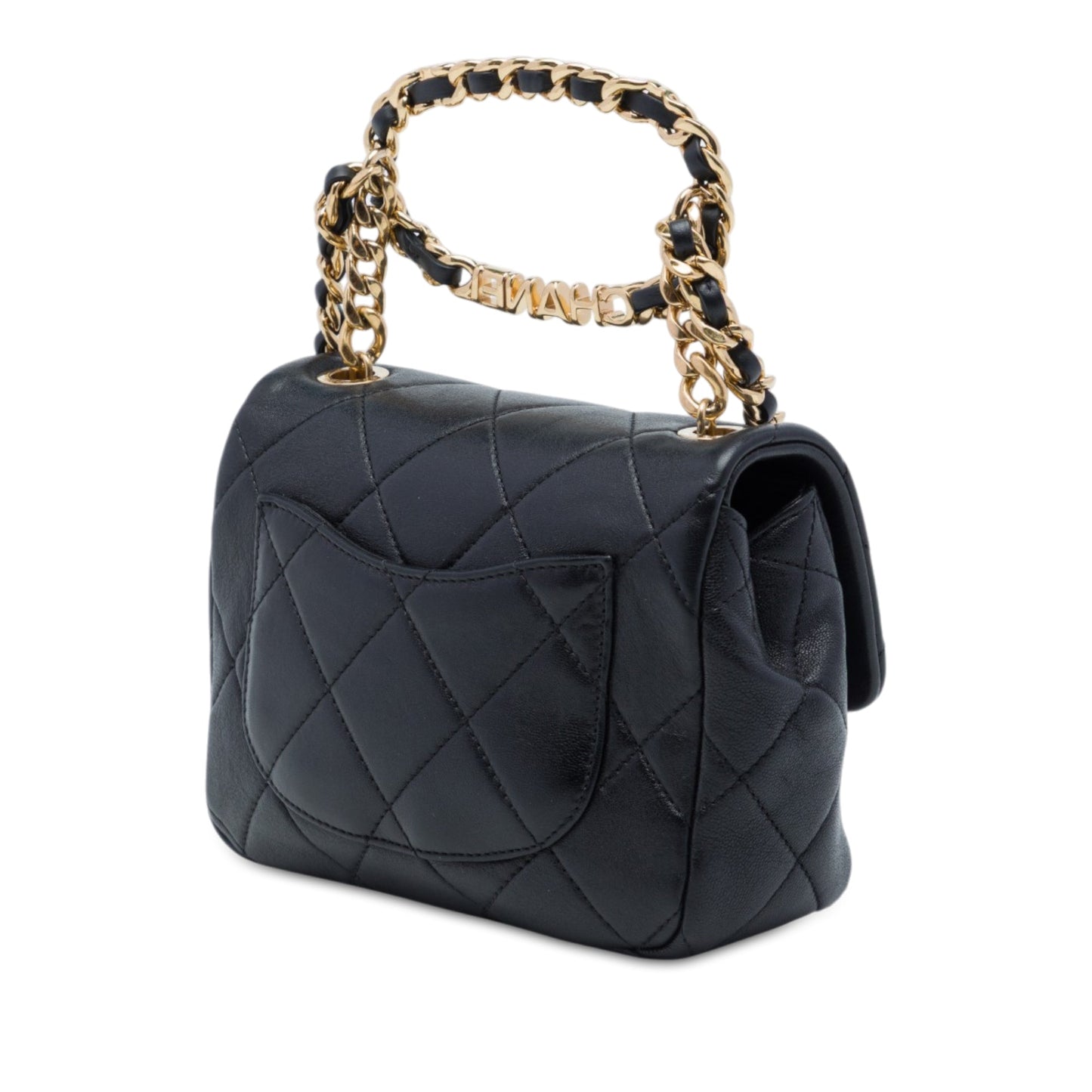 Chanel Mini Quilted Lambskin Oval Logo Chain Top Handle Flap