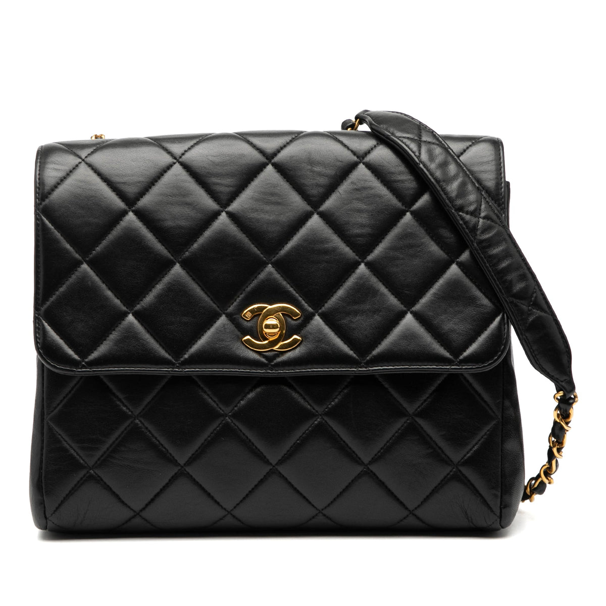 Chanel Small Square Quilted Lambskin Straight Single Flap — Black