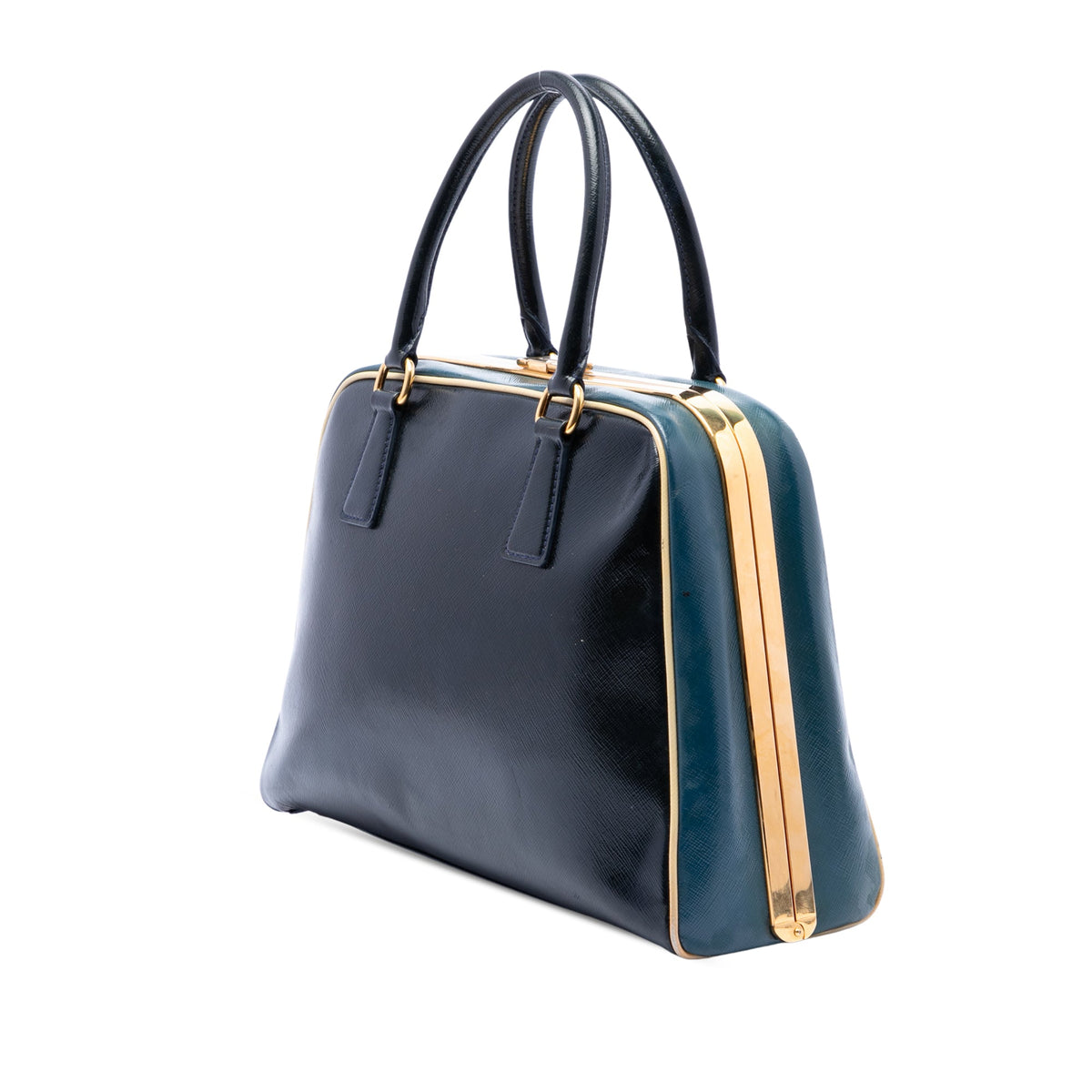 Prada Bicolor Saffiano Vernice Pyramid Frame Handbag