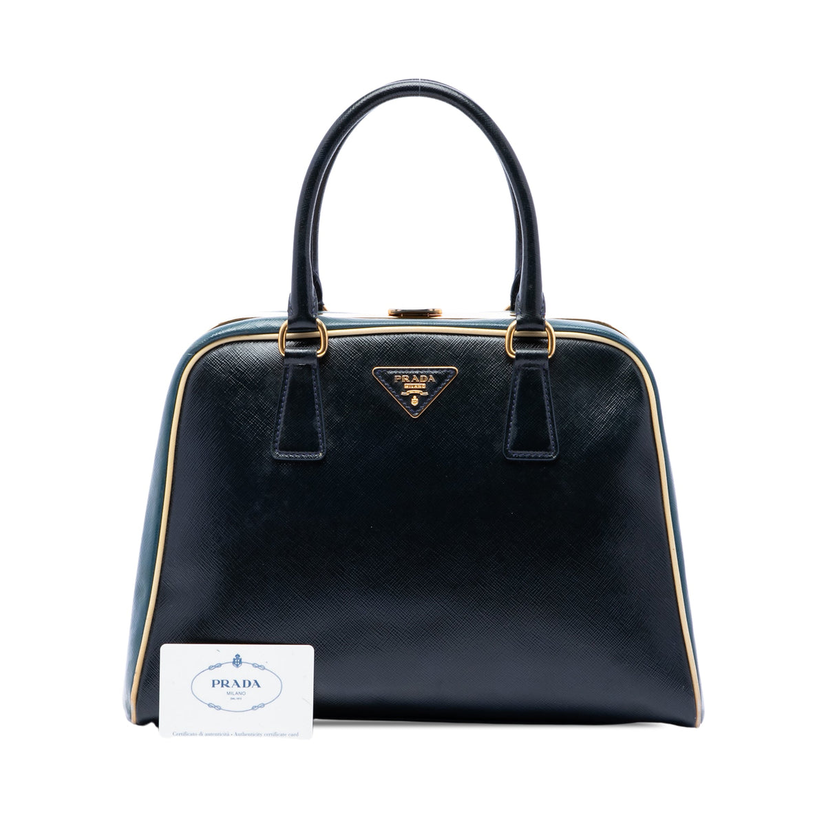 Prada Bicolor Saffiano Vernice Pyramid Frame Handbag