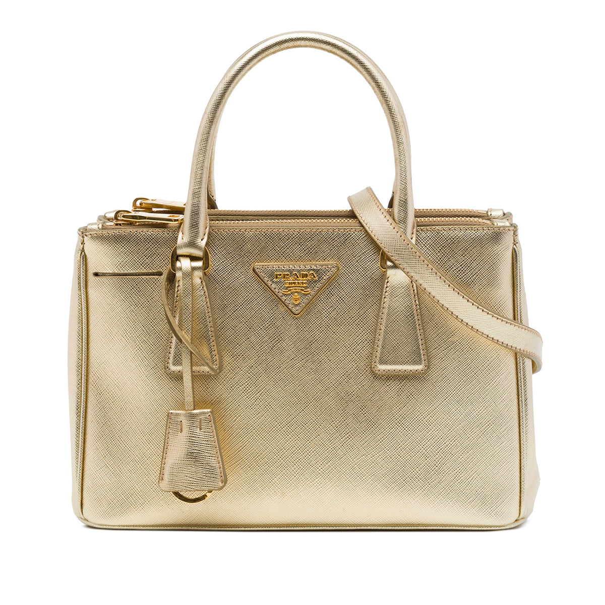 Prada Mini Metallic Saffiano Lux Galleria Double Zip Satchel — Gold
