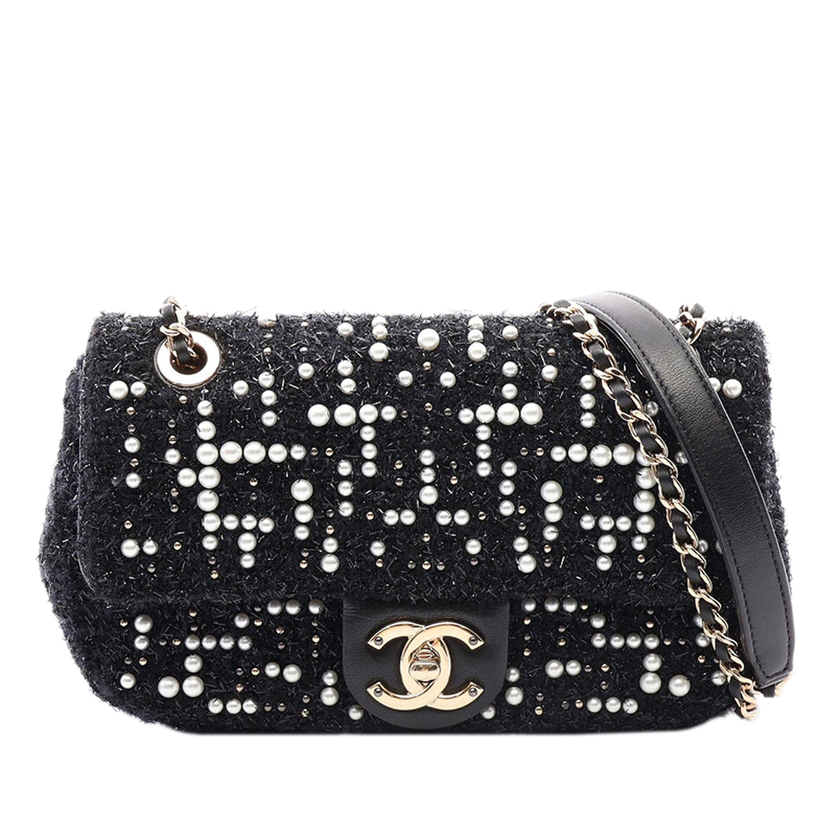 Chanel Mini Tweed and Pearl Flap Bag — Black