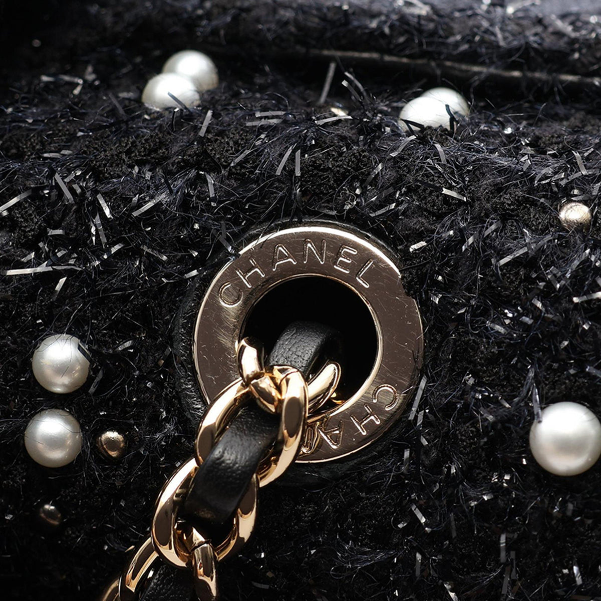 Chanel Mini Tweed and Pearl Flap Bag — Black