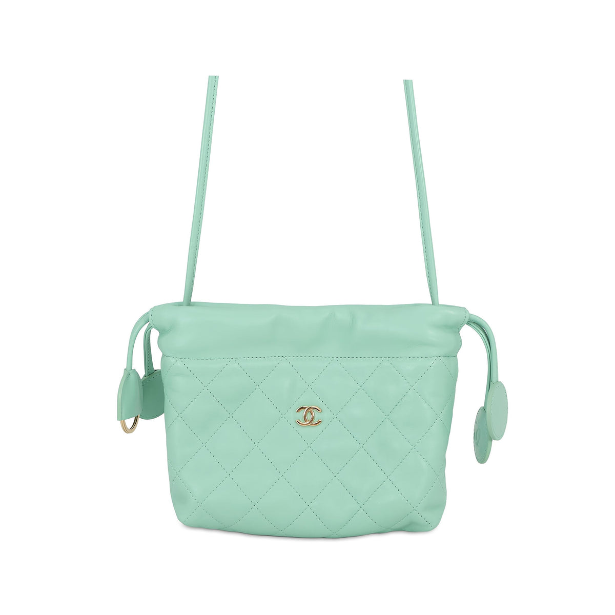Chanel CC Quilted Lambskin Drawstring Clutch with Strap — Green