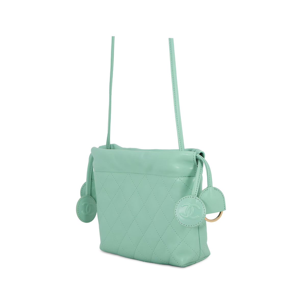 Chanel CC Quilted Lambskin Drawstring Clutch with Strap — Green
