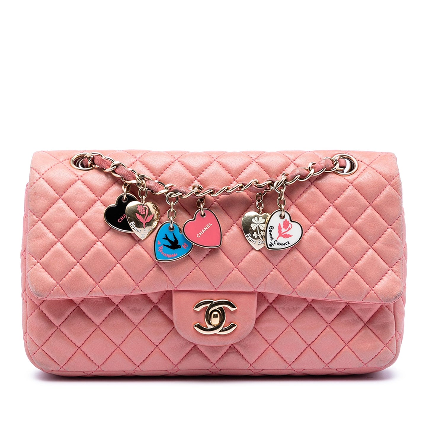Medium Classic Lambskin Valentines Heart Charms Single Flap
