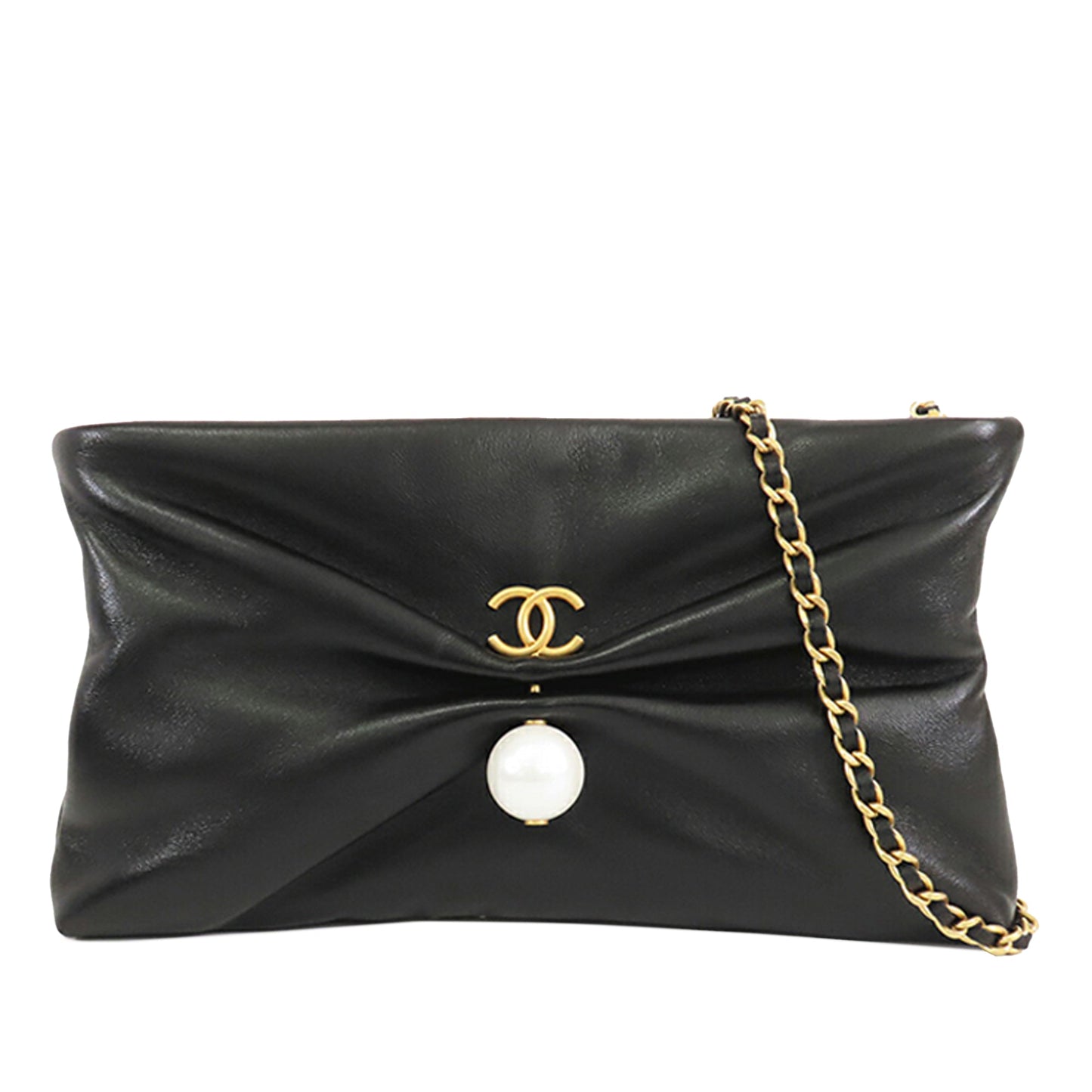 Chanel Shiny Lambskin Pearl Clutch With Chain
