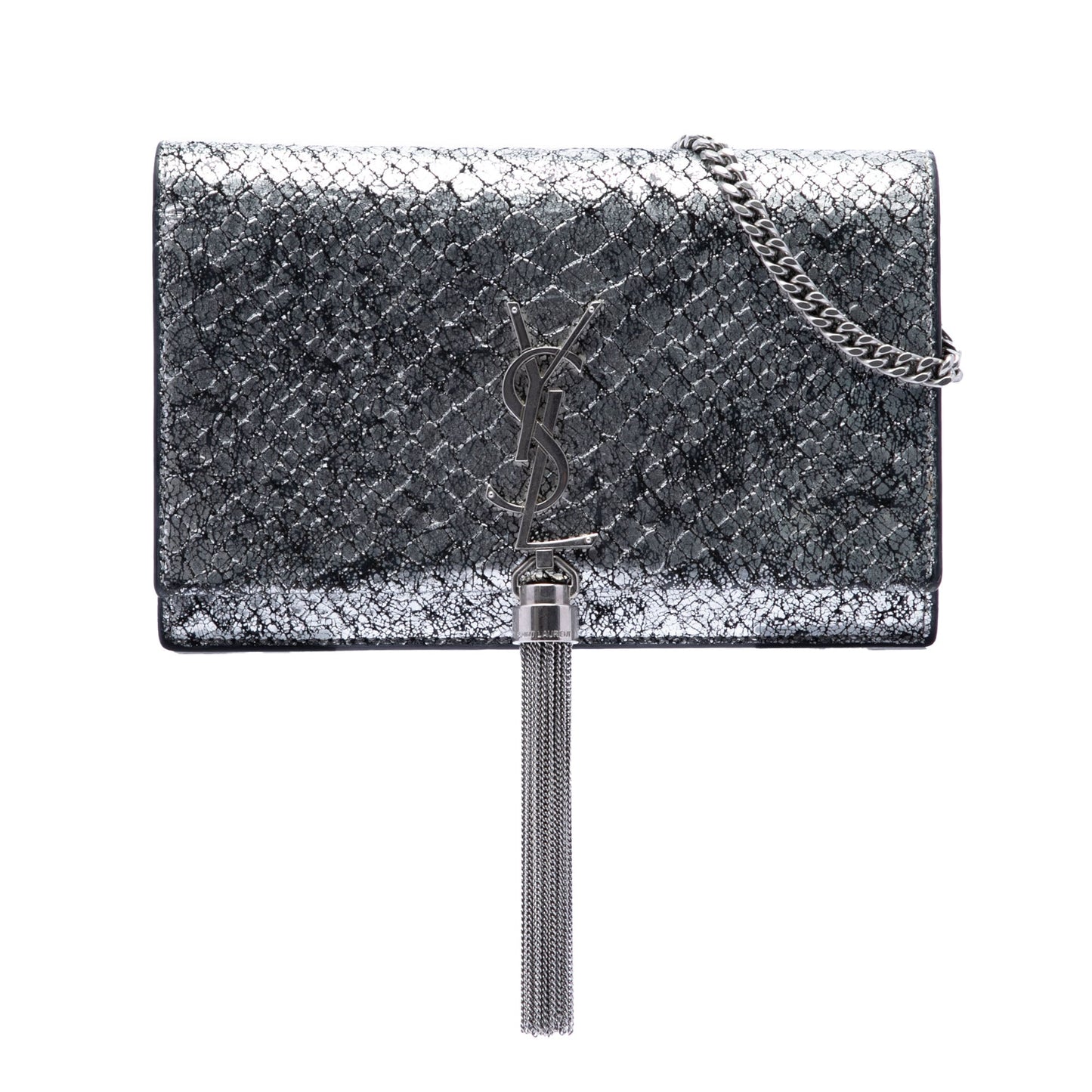 Saint Laurent Python Embossed Metallic Leather Classic Monogram Kate Tassel Wallet on Chain
