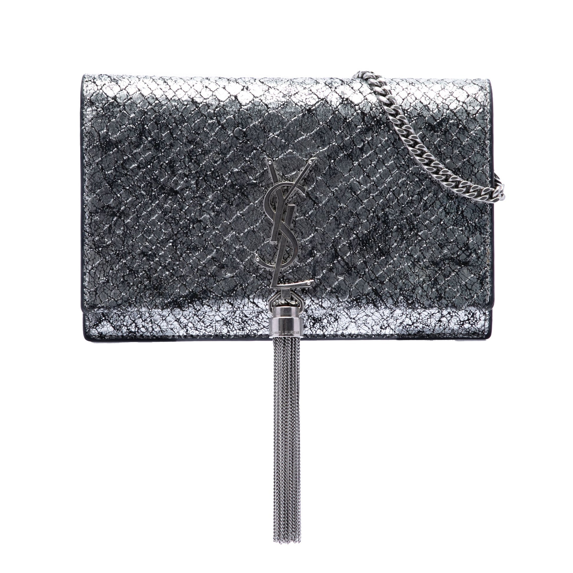 Saint Laurent Python Embossed Metallic Leather Classic Monogram Kate Tassel Wallet on Chain