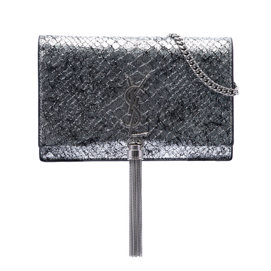 Saint Laurent Python Embossed Metallic Leather Classic Monogram Kate Tassel Wallet on Chain
