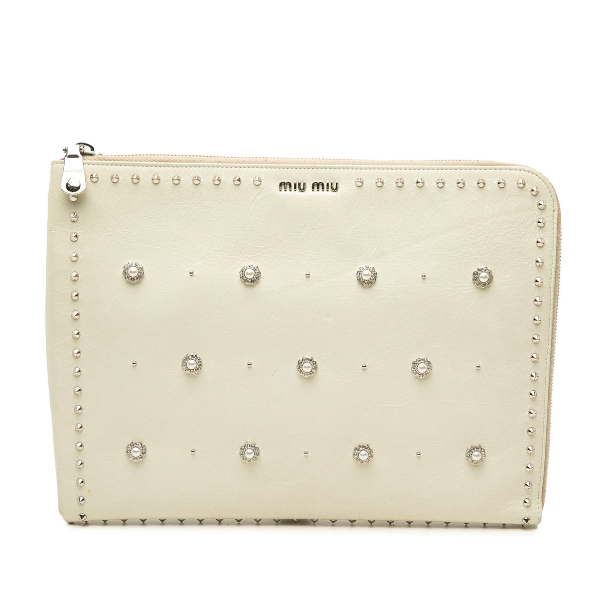Miu Miu Faux Pearl Studded Leather Clutch — White