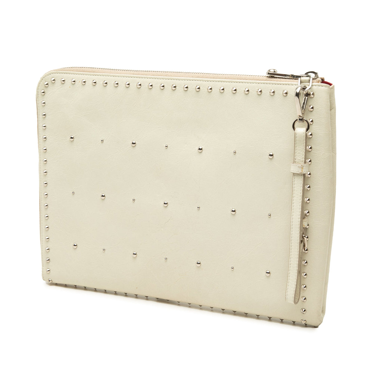 Miu Miu Faux Pearl Studded Leather Clutch — White