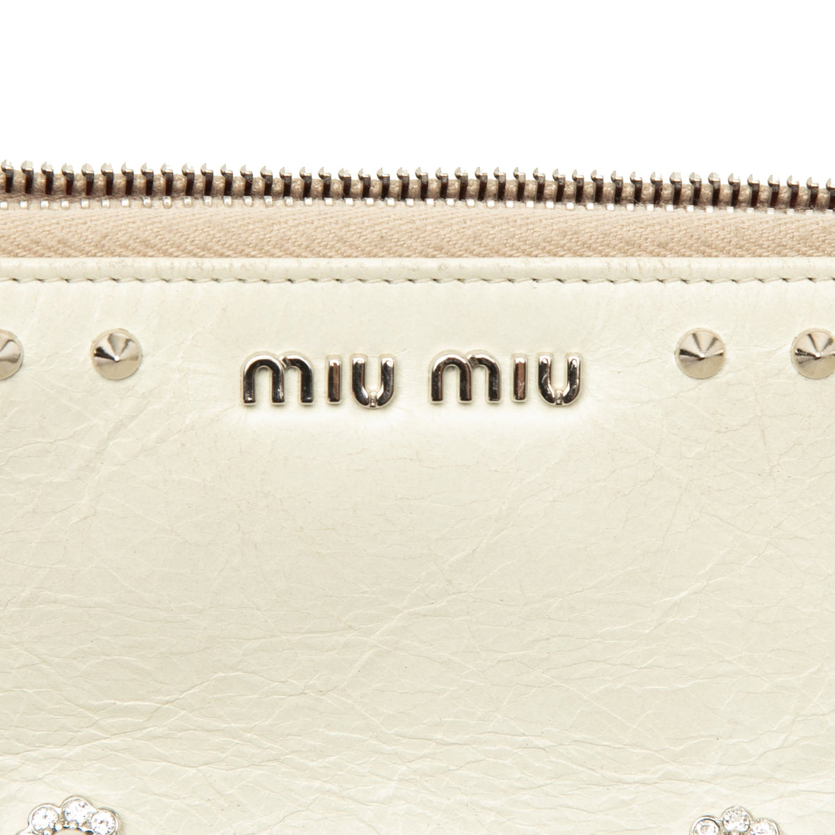 Miu Miu Faux Pearl Studded Leather Clutch — White