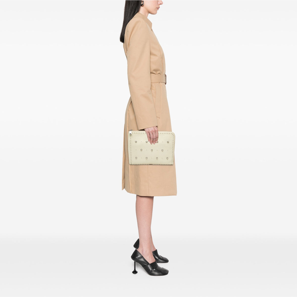 Miu Miu Faux Pearl Studded Leather Clutch — White