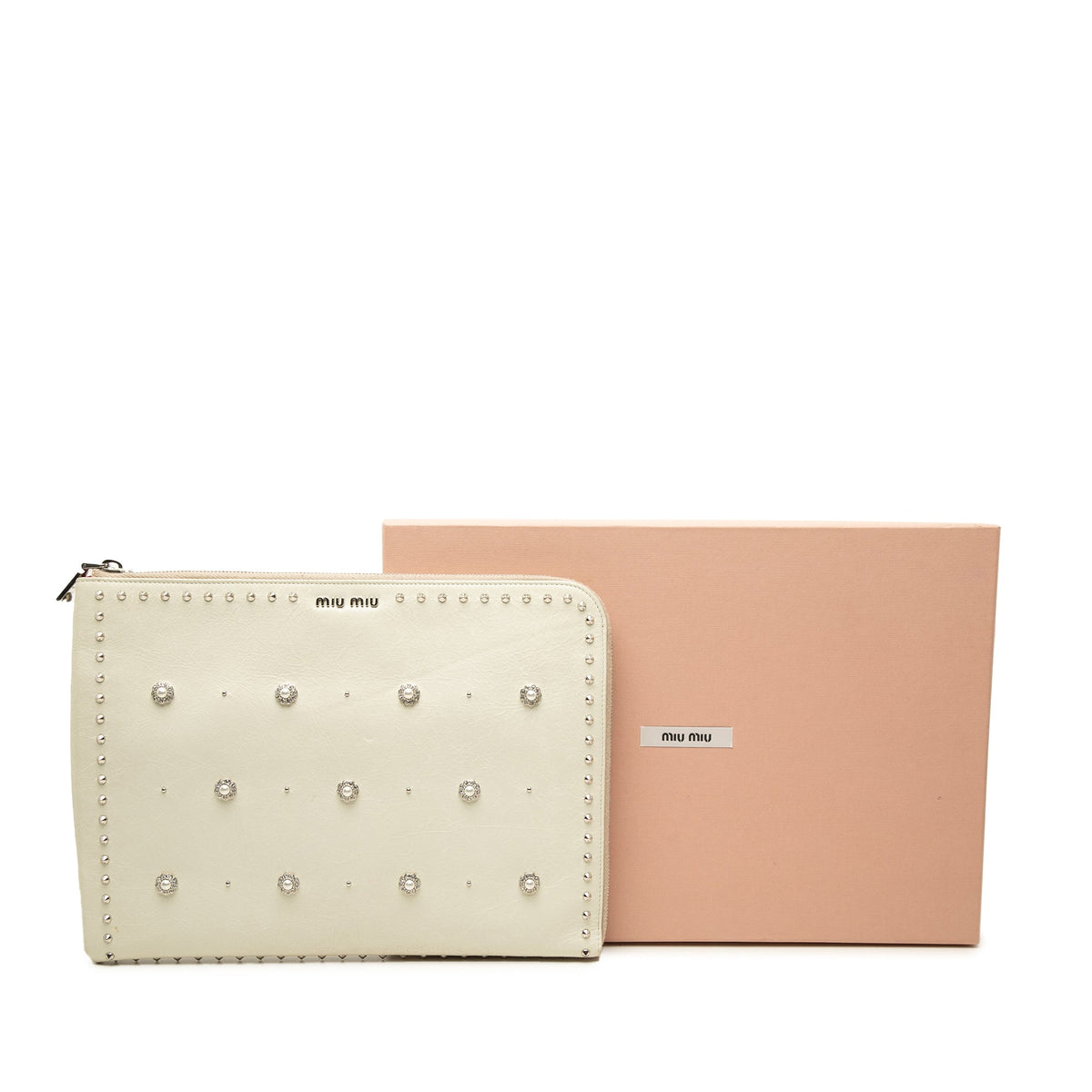 Miu Miu Faux Pearl Studded Leather Clutch — White