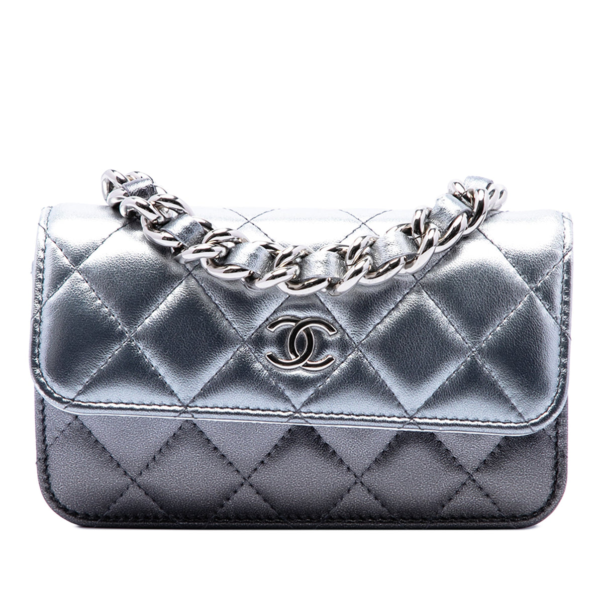 Chanel Quilted Gradient Metallic Lambskin Coco Punk Clutch With Chain — Silver