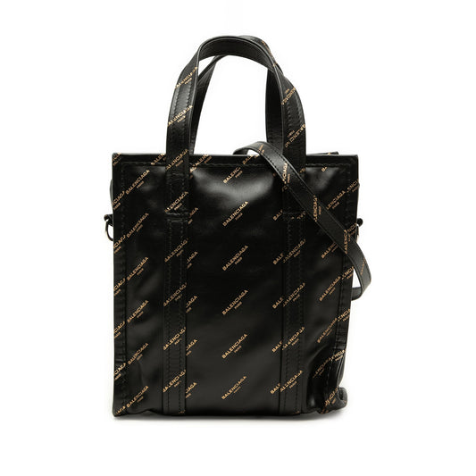 Balenciaga Calfskin Allover Logo Bazar Shopper Satchel XS